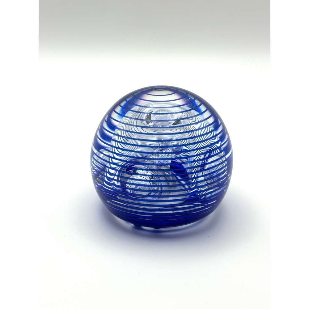 Art Glass Paperweight Blue White Swirl Controlled Bubble Spiral Orb‎ HAND BLOWN
